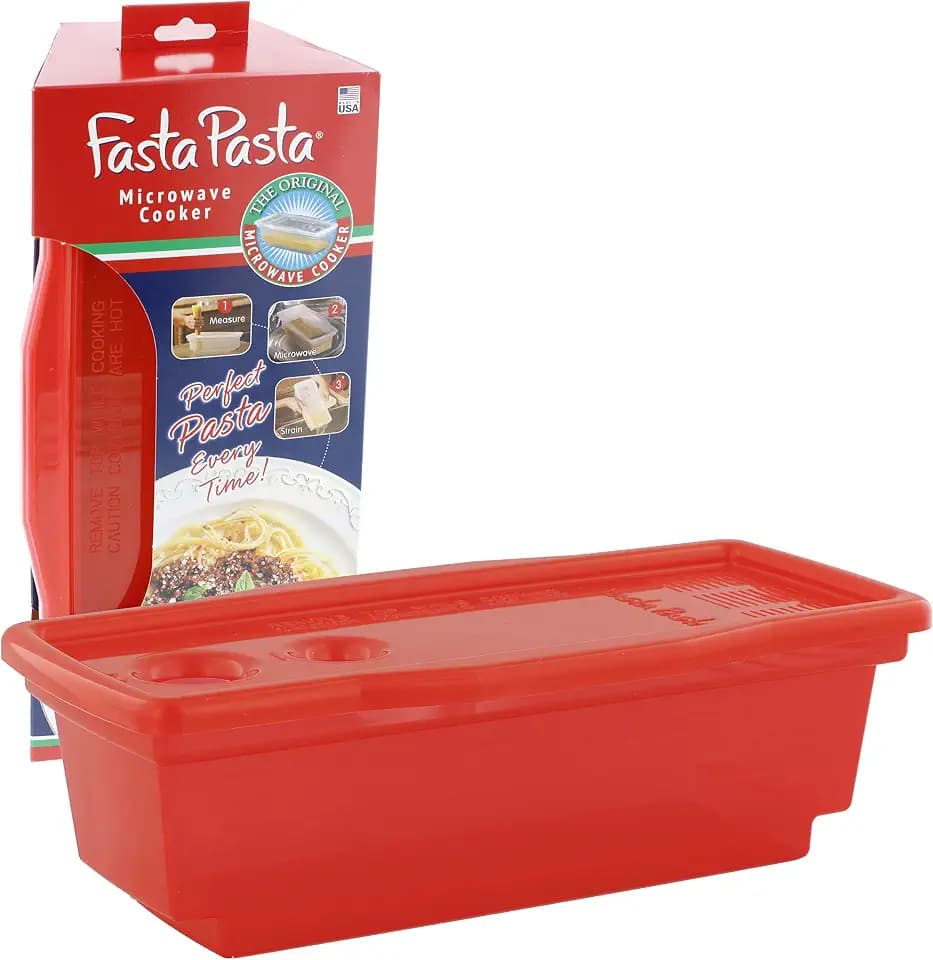Fasta Pasta Original Microwave Pasta Cooker with Built-In Strainer, Red
