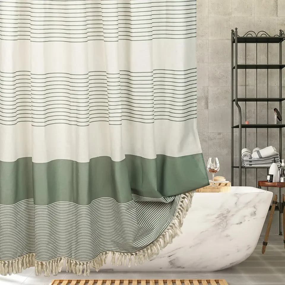 Green Linen Look Shower Curtain – Rustic Boho Farmhouse Style for Bathroom Decor, Waterproof & Wrinkle-Resistant Fabric, 72"x72" with 12 Hooks