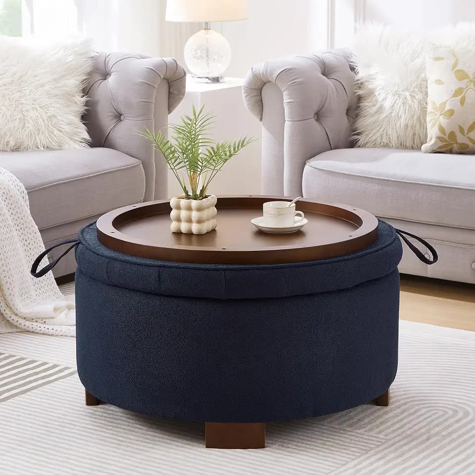KEIKI 30" Round Boucle Tufted Ottoman Bench with Reversible Lid, Modern Upholstered Multi-Functional Storage Footstool, Large Storage Capacity, Easy Assembly, for Living Room, Bedroom, Entryway, Navy