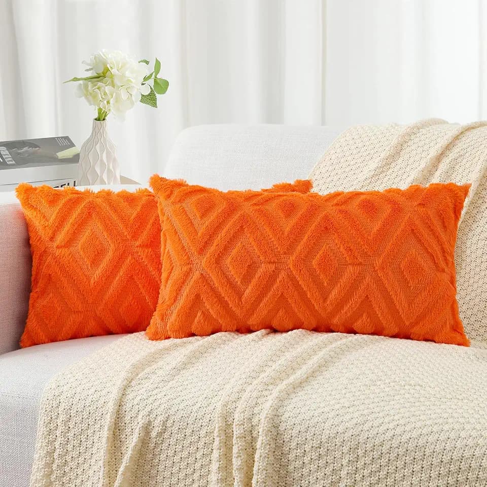Pallene Fall Orange Faux Fur Throw Pillow Covers 12x20 Set of 2