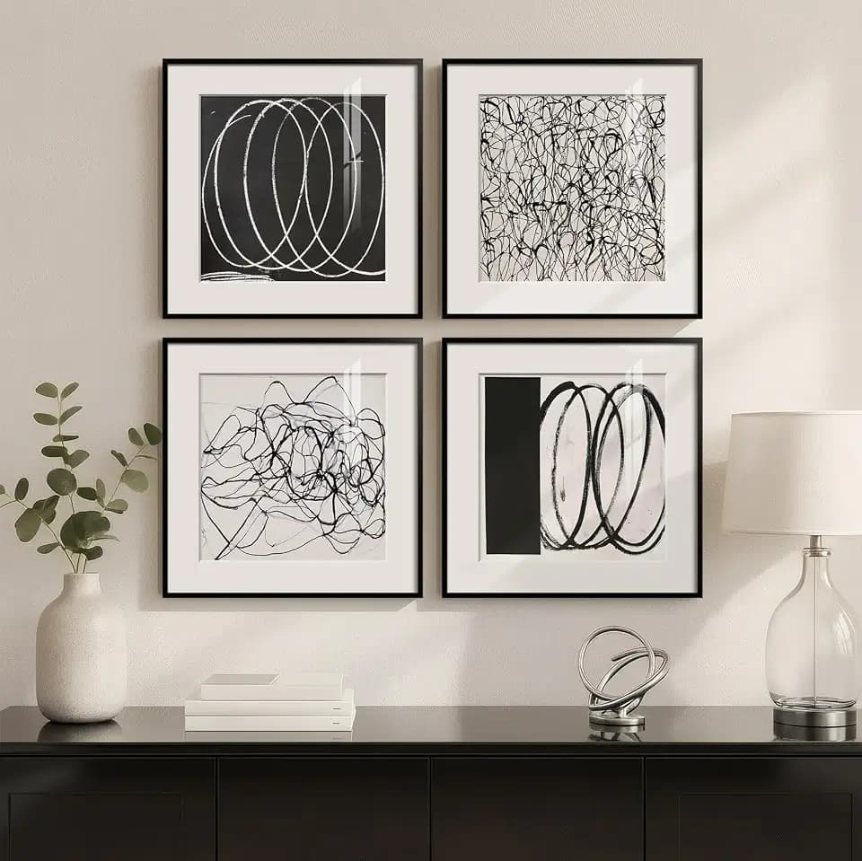 Framed Abstract Black and White Modern Wall Art Set, 4 Piece 12x12 Inch