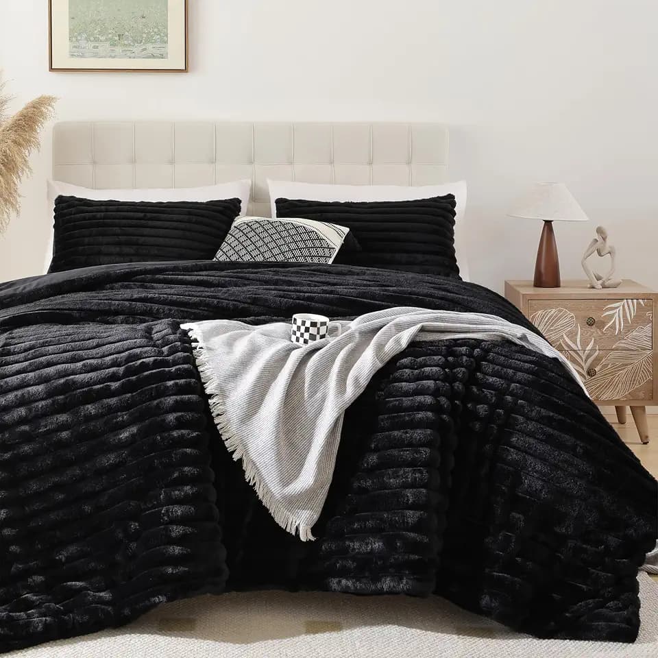 Smoofy Fluffy King Size Comforter 3 PCS - Black Fleece Bedding Set