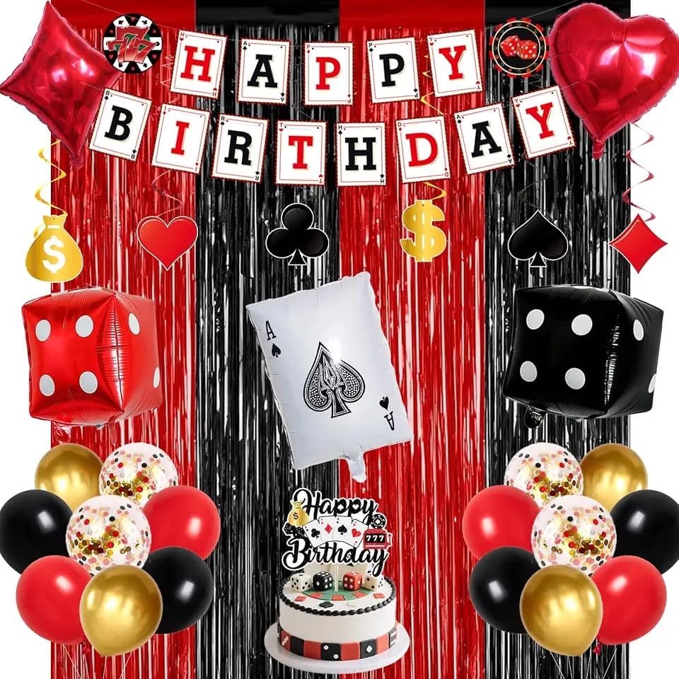 Crenics Casino Birthday Decorations - Happy Birthday Banner, 2 Foil Fringe Curtains, Hanging Swirls, Balloons and Cake Topper for Poker Theme Party Supplies