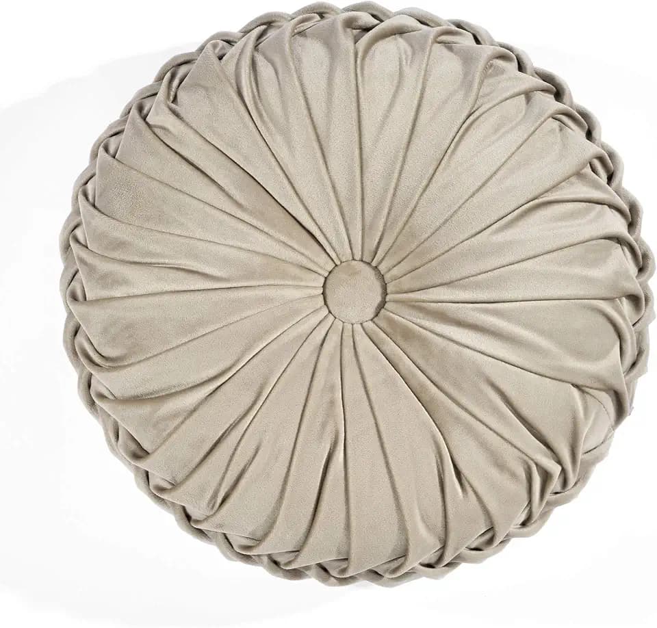 Lush Decor Round Pleated Soft Velvet Decorative Throw Pillow, 1 Count, 15" Diameter, Taupe - Neutral Plush Round Pillow, Seat Cushion, Decorative Pillows For Bed, Couch, Or Chair