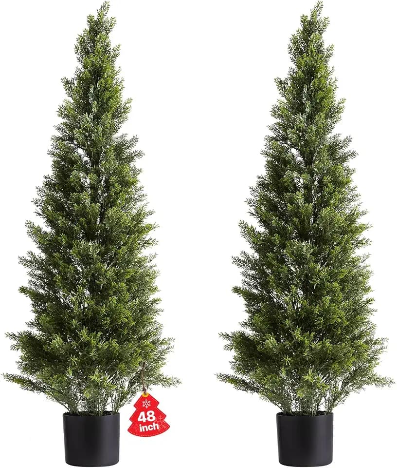 VEVOR Artificial Cedar Topiary Trees, 48 inch 2 Set Faux Pine Shrubs Plants, Fake Silk Tree Look Real, Easy Assembly for Decor Front Porch Outdoor Patio Garden Balcony Backyard Indoor Office