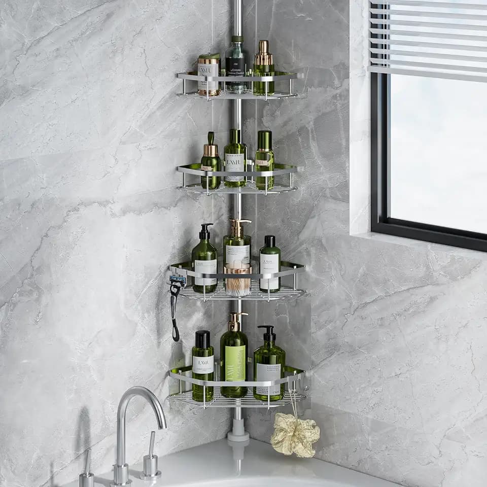 LAMU Corner Shower Caddy Tension Pole, 4-Tier Stainless Steel Organizer