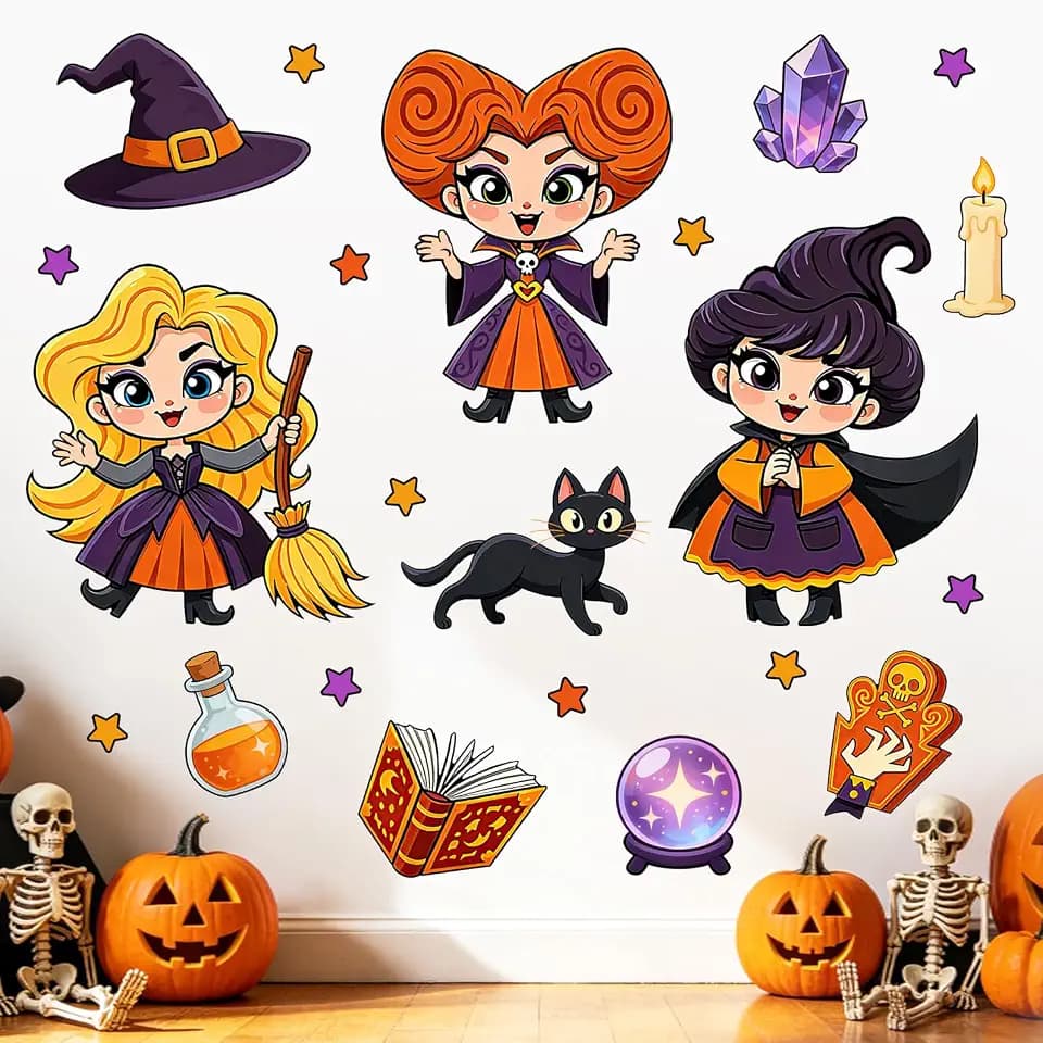 Halloween Wall Decals for Kids, Cartoon Witch Wall Stickers with Black Cat