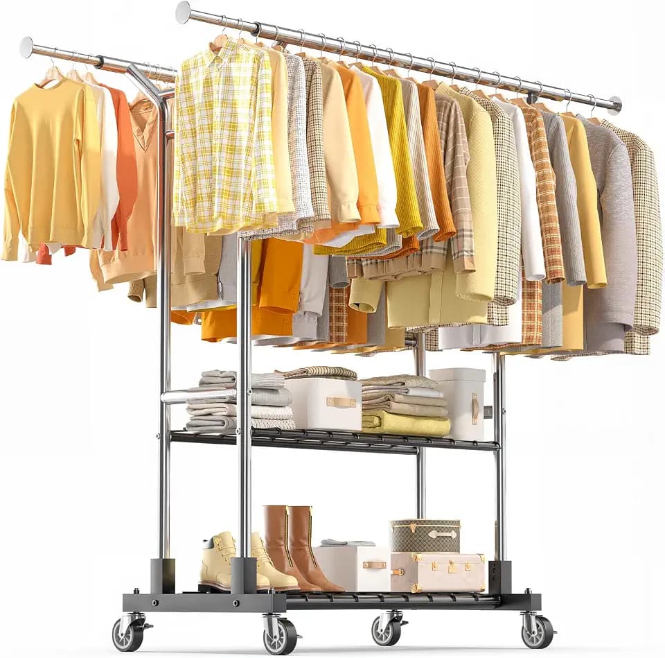 Luxspire Double Rod Clothing Racks for Hanging Clothes Load 650 LBS, Silver
