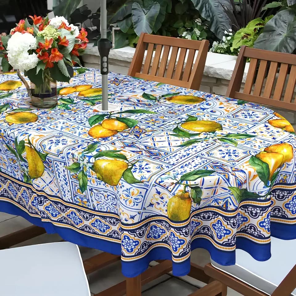 Blue Outdoor Tablecloth with Umbrella Hole for Oval Table, Waterproof Lemon Patio Table Cloth with Zipper - 60 x 84 inches