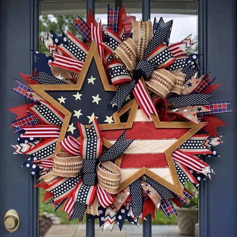 YOECO Patriotic Wreath for Front Door, Red White and Blue, 24x18 Inch, Round, Fabric, Handcrafted, 4th of July Independence Day Outdoor Decoration