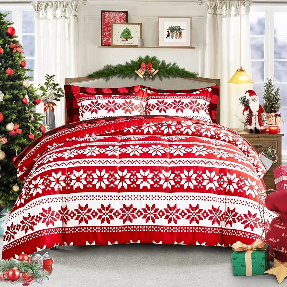 Christmas Bed in a Bag 7 Pieces King, Red and White Snowflake Design, Soft Microfiber Comforter Set for All Season (1 Comforter, 2 Pillow Shams, 1 Flat Sheet, 1 Fitted Sheet, 2 Pillowcases)