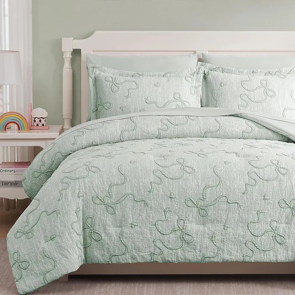 Queen Comforter Set - 7 Pieces Bow Jacquard Bed in a Bag Girls Bedding Set