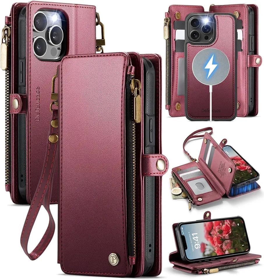 Defencase for iPhone 14 Pro Max Case Wallet Compatible with Magsafe, W-Red