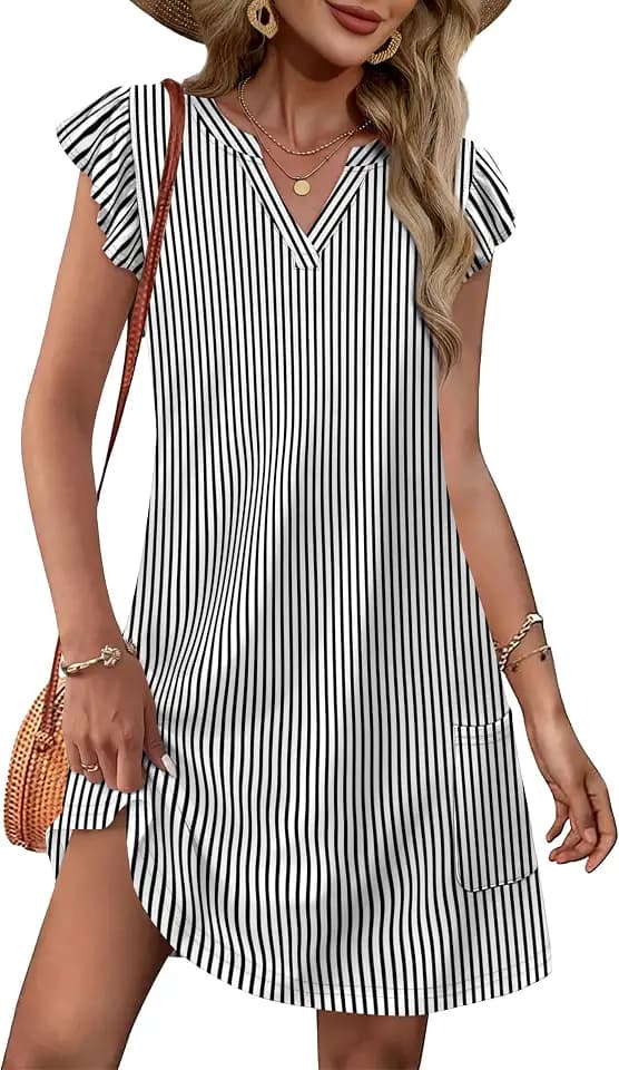 OFEEFAN Spring Summer Dresses for Women 2026 Casual Ruffle Sleeve V Neck Loose Swing Sundresses with Pockets Plain/Print