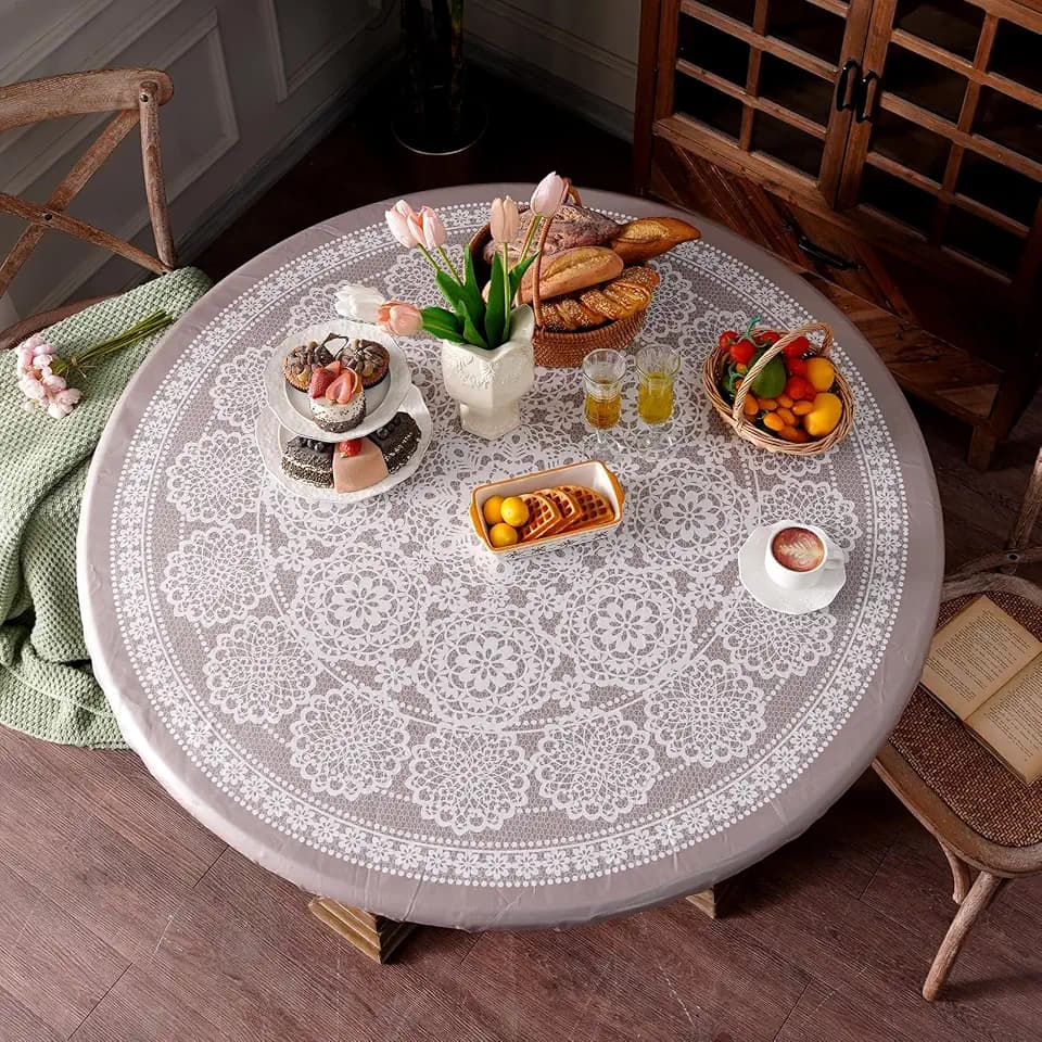 Round Vinyl Tablecloth with Elastic Farmhouse Table Cover, 46"-55"