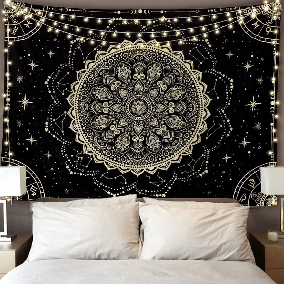 FLY SPRAY Black Golden Mandala Tapestry Astrology Space Wall Hanging Tapestries Wall tapestrys Large Aesthetic Hippie Decor Bohemian Art Boho Home Talestry for Bedroom,Living Room,Ceiling