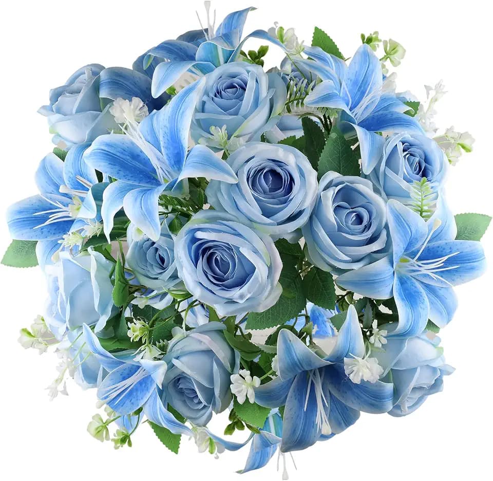 2 Set Artificial Cemetery Flowers with Grave Vase-2 Bunches Lilies & Rose Mixed Blue Silk Memorial Flowers-2 Cemetry Vase with Foam for Outdoor Headstones Gravesite Graveyard Decorations