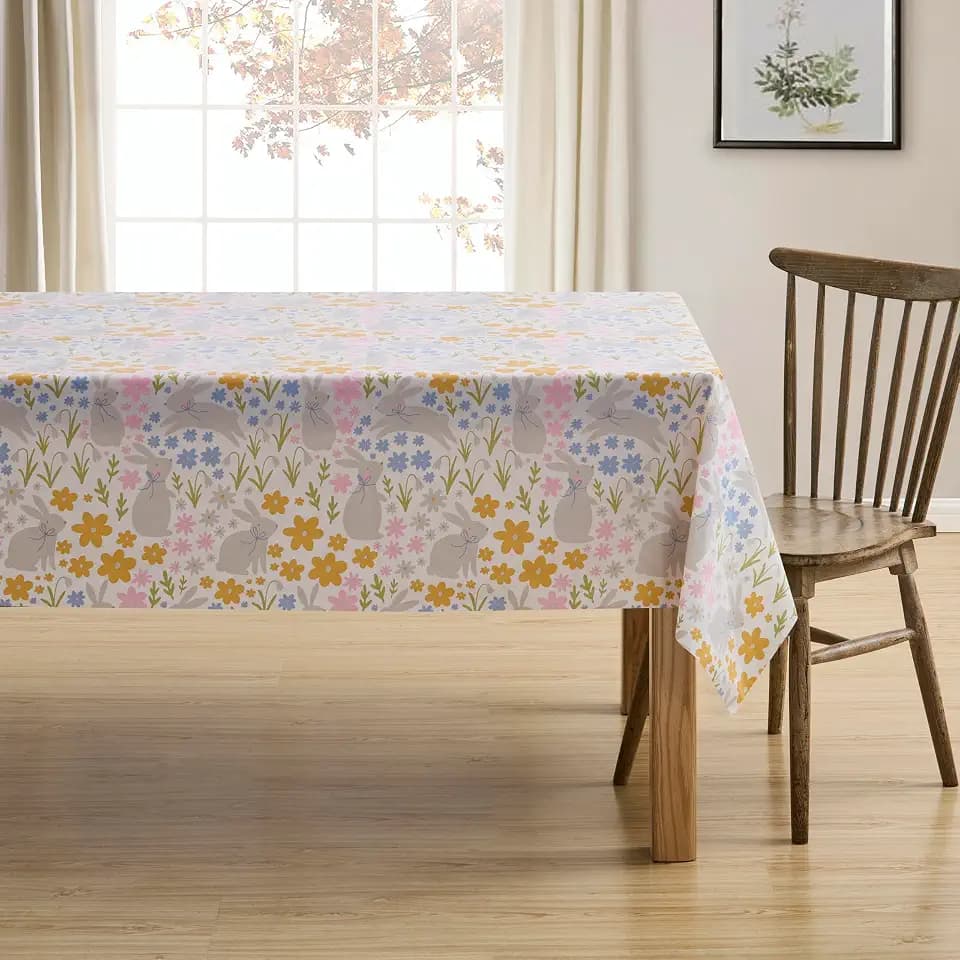 Spring Easter Vinyl Flannel Backed Tablecloth for Dining Room Kitchen Table Decor: Happy Bunny Rabbit Bunnies Floral Design Pink Blue Green Yellow White-Easter Rabbit 60" x 102"
