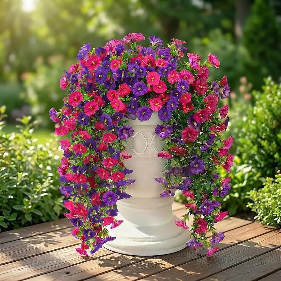 4 Bundles Artificial Silk Flowers for Outdoor Decor, UV Resistant Realistic Faux Morni ng Glory Flowers for Hanging Planters, Window Box, Porch, Patio, Yard, Garden Decor(Purple Pink)