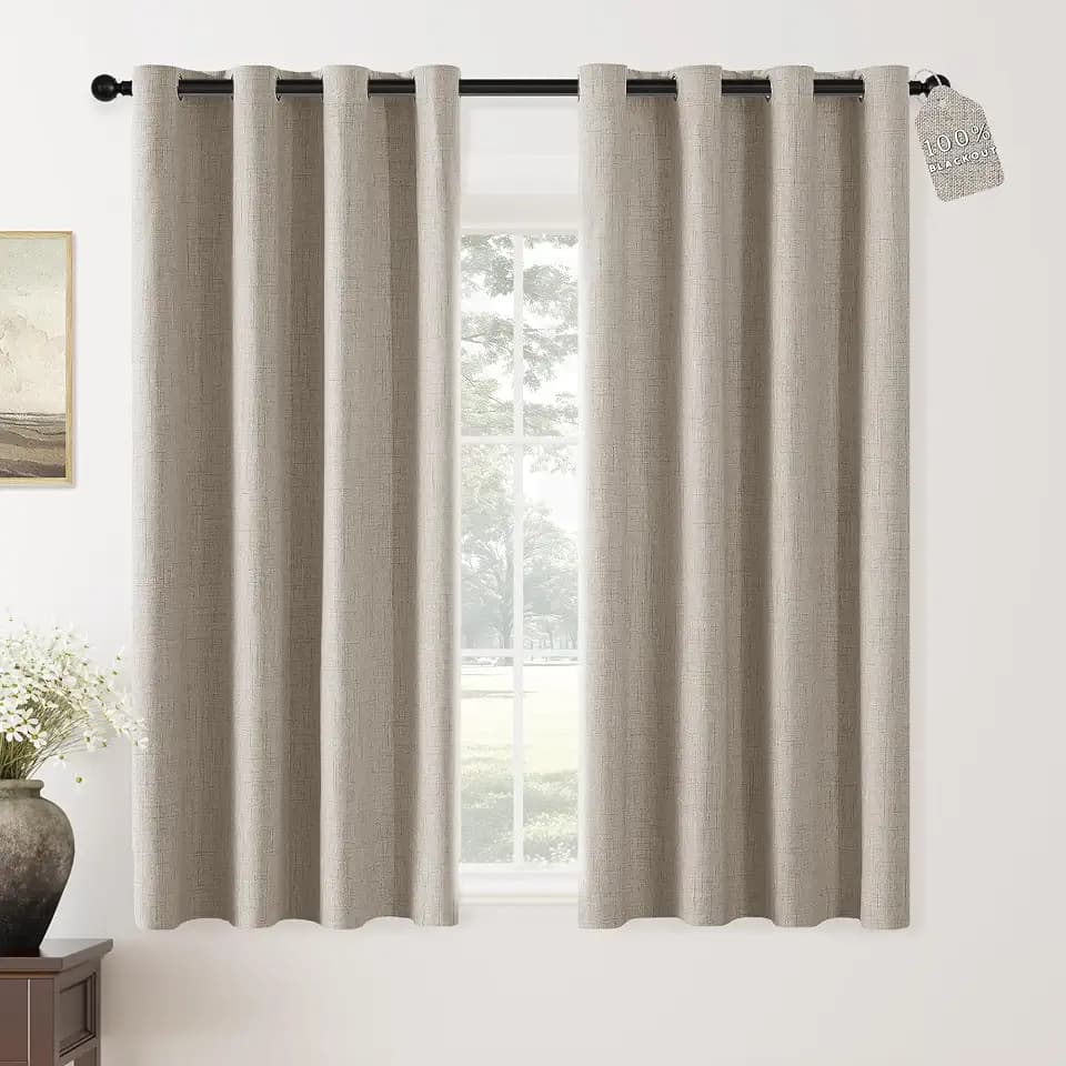 ChrisDowa Linen Blackout Curtains 63 Inch Length 100% Blackout Curtain