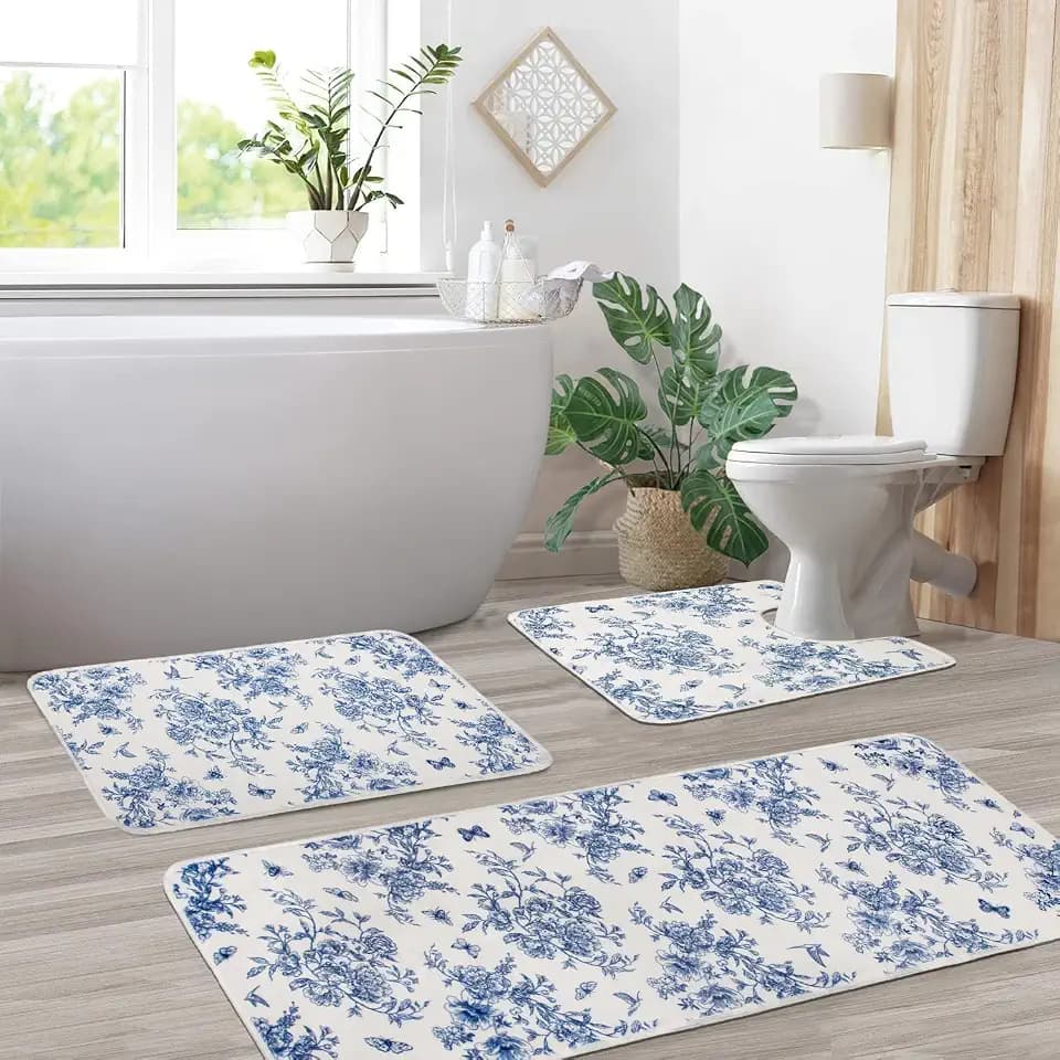 BBSET 3 Piece Blue Floral Chinoiserie Bath Mats for Bathroom Blue and White Flower Vintage Rug for Room Decor U Shaped Toilet Rug (Blue Floral, 16x28+16x47+U Shape 20x24 inch)