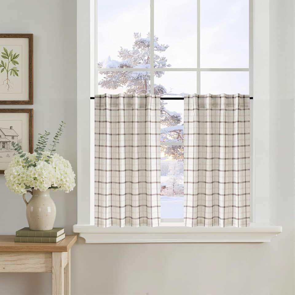 NICETOWN White Linen Plaid Kitchen Curtains 30 Inches Long for Half Window