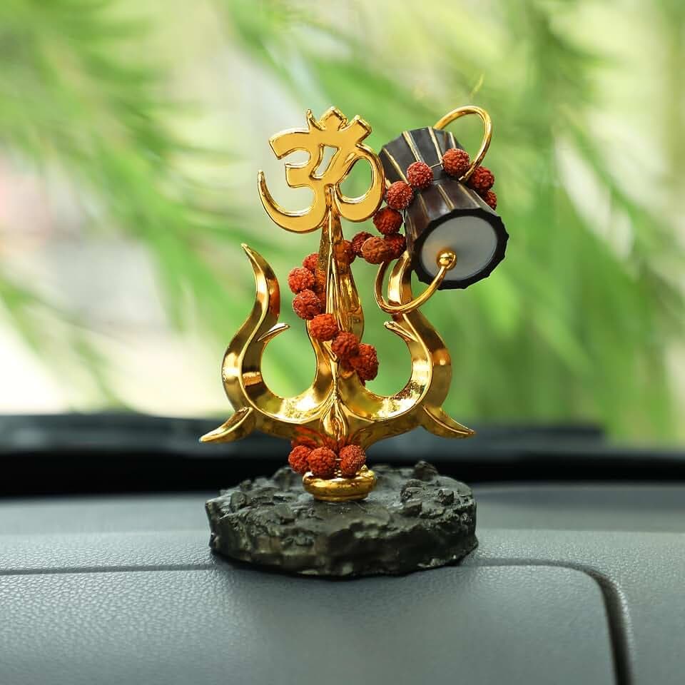 Gold Plated Trishul with Damru & Om Symbol (4 Inch) – Antique Resin Shiva Trident Showpiece for Puja, Real Rudraksh Mala, Shiva Idol for Car Dashboard & Home Decor – Pack of 1