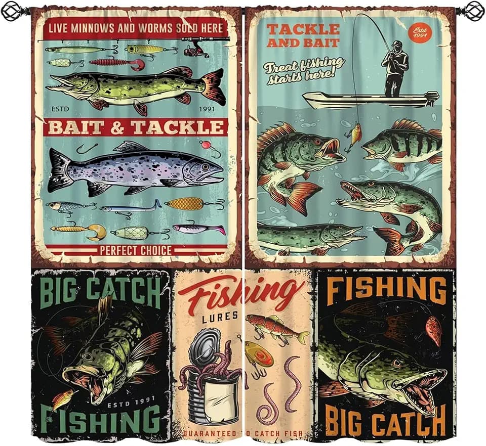 Fish Curtains Vintage Fish Stamp Pattern Fishing and Hunting Brown Green Fishing Window Drapes for Bedroom Living Room Kitchen Cafe (W20xL45 Inch) x2 Decor