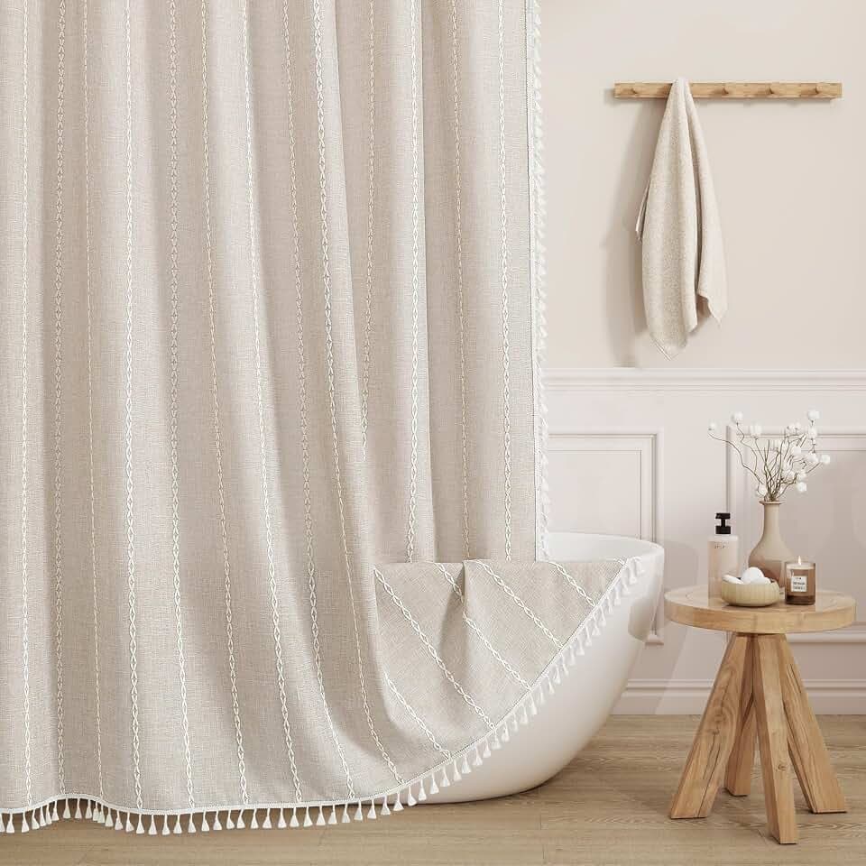 MitoVilla Boho Tassel Linen Shower Curtain,3D Embroidery Stripe Cream,72x84