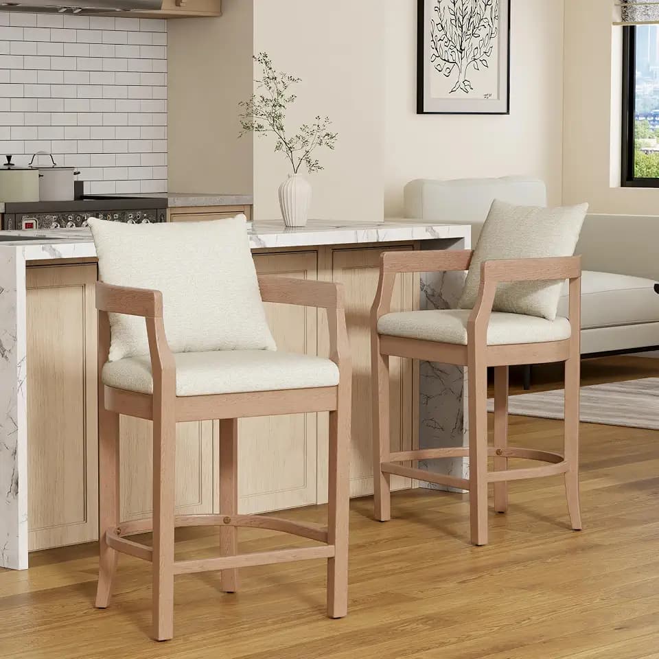 Christopher Knight Home Sion Modern 26.7" Counter Height Bar Stools Set of 2, Fabric Upholstered Counter Stools, Wooden Kitchen Island Armchair with Footrest and Round Backrest, Beige + Natural