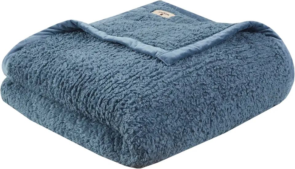 Woolrich Burlington Berber Blanket Super Soft, Cozy Lightweight Cover with Luxurious Velvet Binding, Modern Trendy All Season Bedspread Bedding-Set, Twin: 66x90, Blue