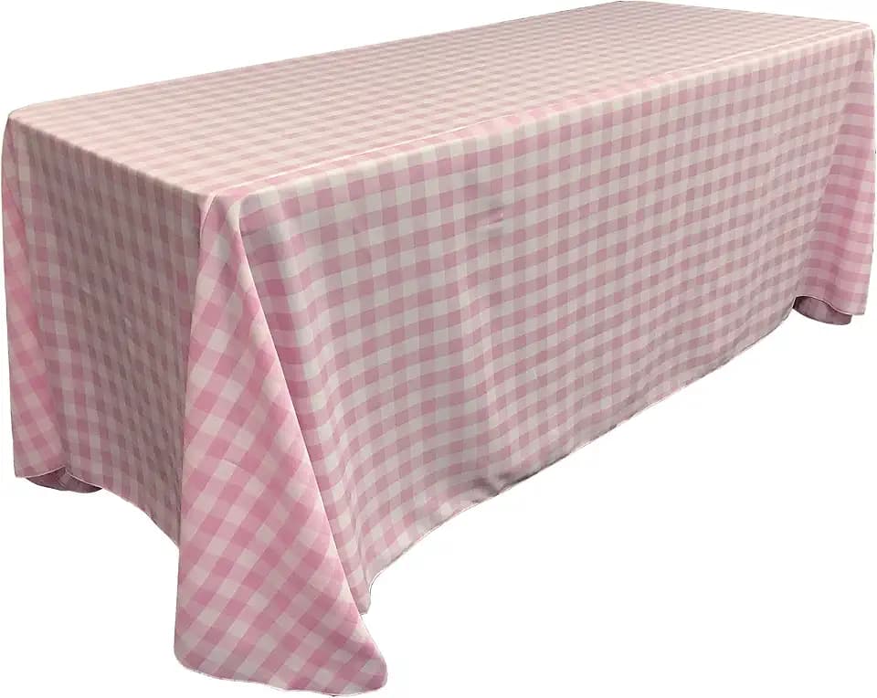 LA Linen TCcheck90x156-PinkK37 Polyester Gingham Checkered Rectangular Tablecloth, White & Pink - 90 x 156 in.