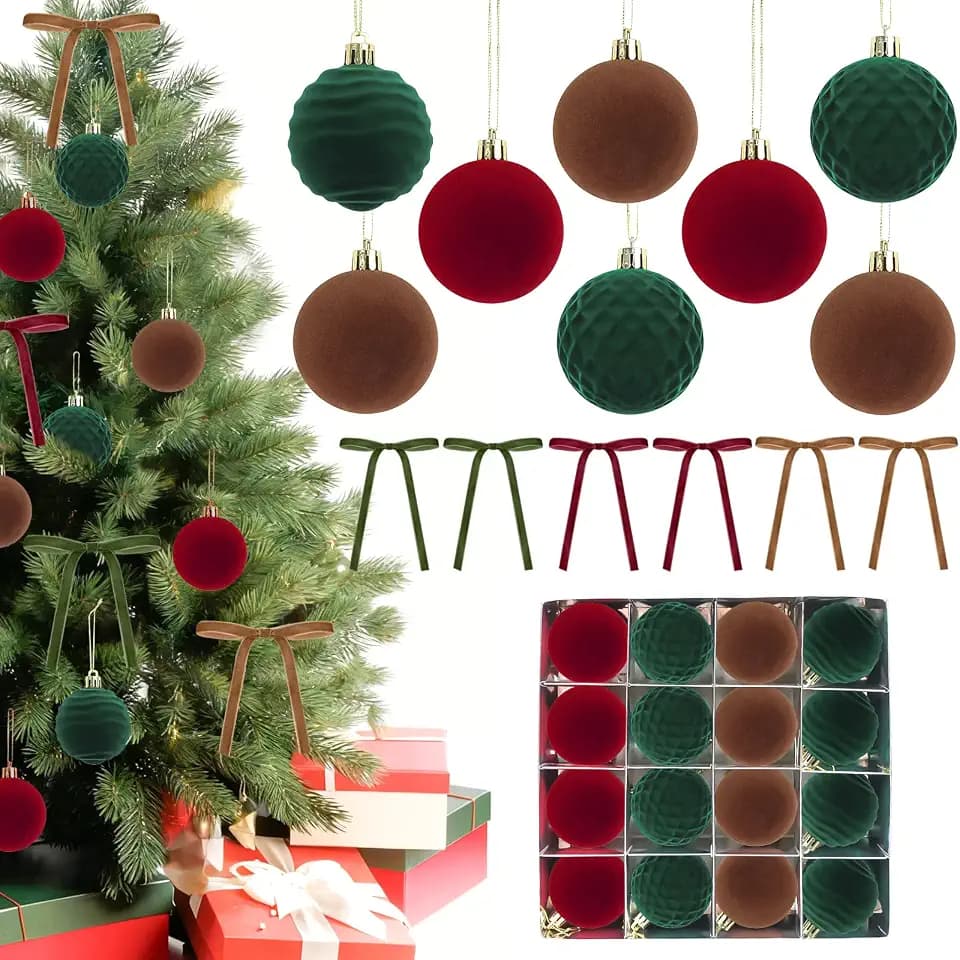 46 Pcs Red Velvet Christmas Tree Ornament Balls with Bow Included 16 Pcs Various Flocked Balls, 30 Pcs Velvet Bow Decor, Vintage Ornament for Xmas Tree Garland Wreath(Red Green)