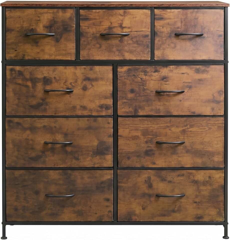 WLIVE Tall Dresser for Bedroom, 9 Drawer Chest of Drawers, Rustic Brown