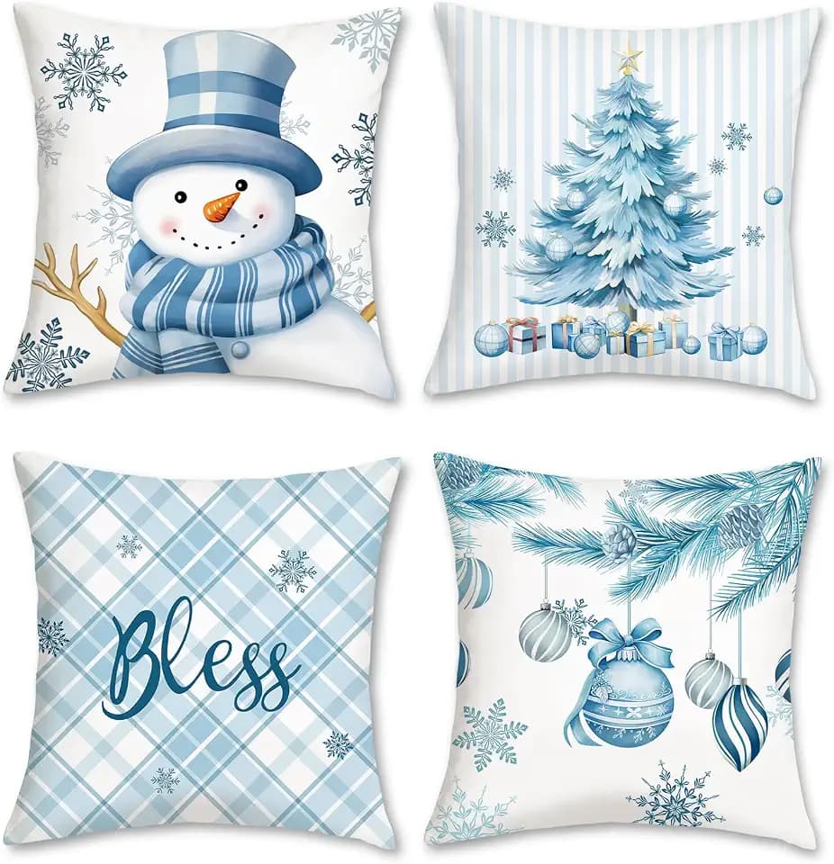 Bonhause Winter Throw Pillow Covers 18 x 18 Inch Snowman Snowflakes Stripes Plaid Blue Decorative Pillow Cases for Couch Sofa Bed Home Holiday Decor Set of 4