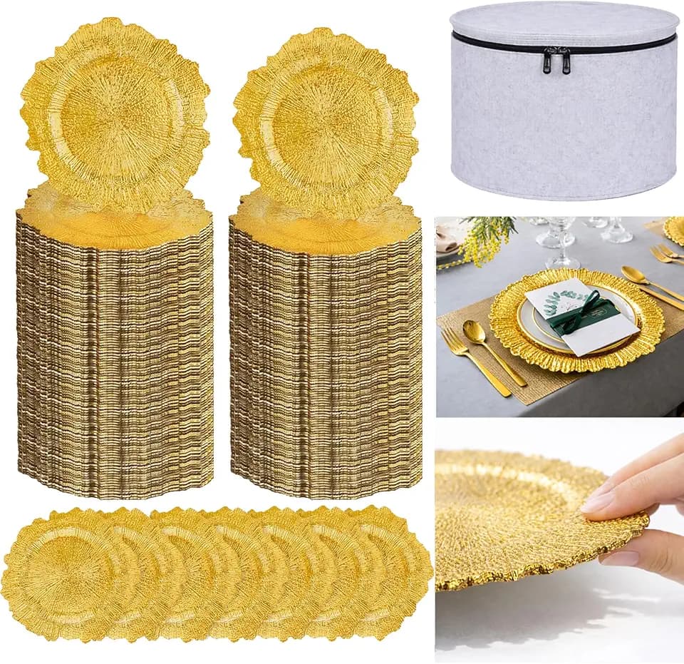 100PCS 13In Bright Gold Reef Charger Plates Bulk Set with Storage Solution