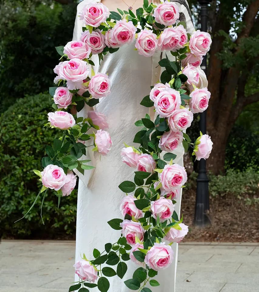 2Pcs 12Ft Bendable Flower Garland Faux Rose Vine for Wedding Decor,Pink