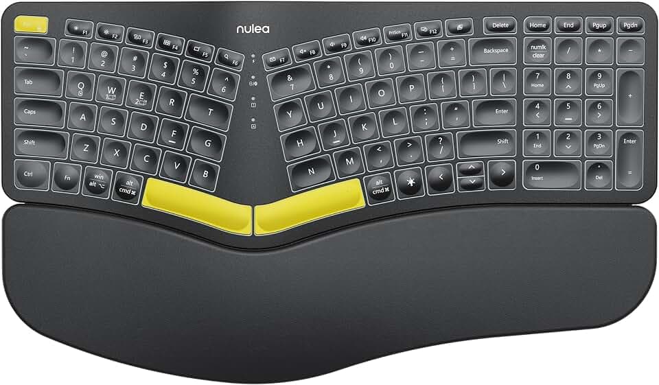 Nulea Wireless Ergonomic Keyboard, Geteilte Tastatur mit Handballenauflage, USB-C-Ladung, 7-Farben-Hintergrundbeleuchtung, Bluetooth- und USB-Konnektivität, kompatibel mit Windows/Mac