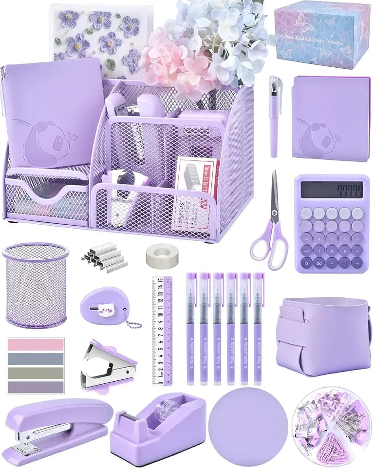 23pc Purple Desk Accessories and Organizers with Mesh Organizer Stapler Tape Dispenser Calculator and a Lot of Office Purple Office Supplies Beautifully Presented in a Gift Box