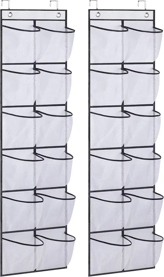 MISSLO Over The Door Shoe Organizer 12 Large Mesh Pockets Hanging Narrow Closet Door, White, 2 Pack