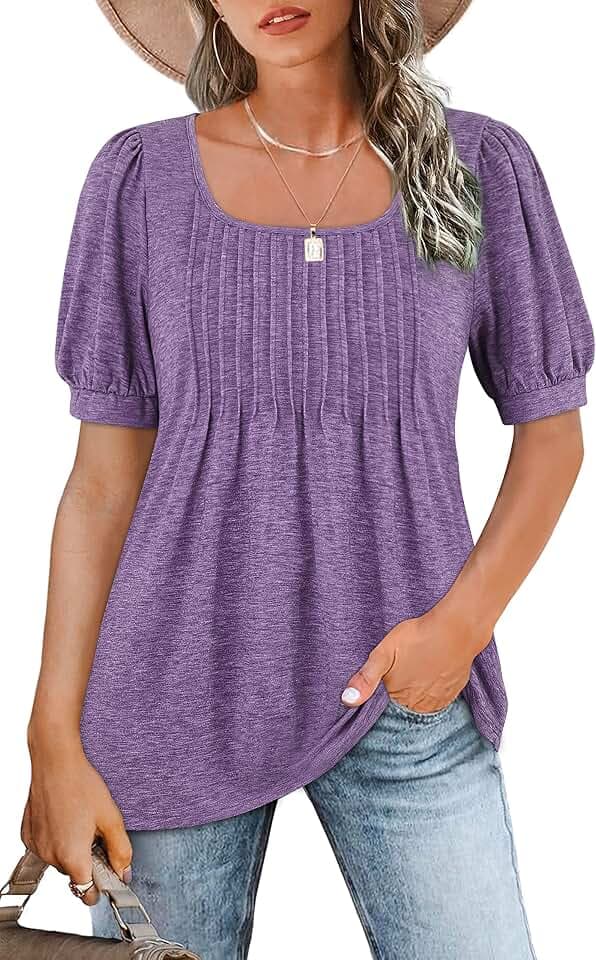 Zwurew Women's Summer Short Sleeve Shirts Square Neck Tunic Tops S-2XL