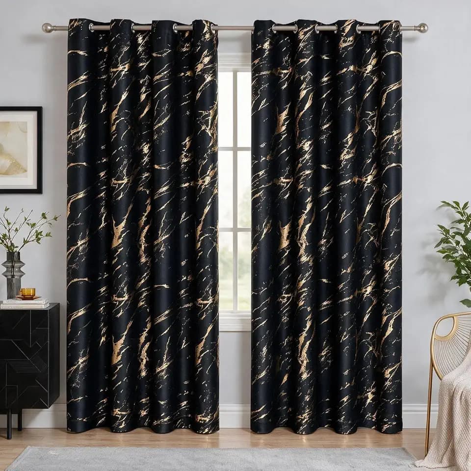 WUBODTI Gold Patterned Black 100% Blackout Curtains 72 Inches Long 2 Panels for Bedroom Living Room, Marble Printed Grommet Thermal Insulated Window Curtain Modern Abstract Drapes, 52" W x 72" L