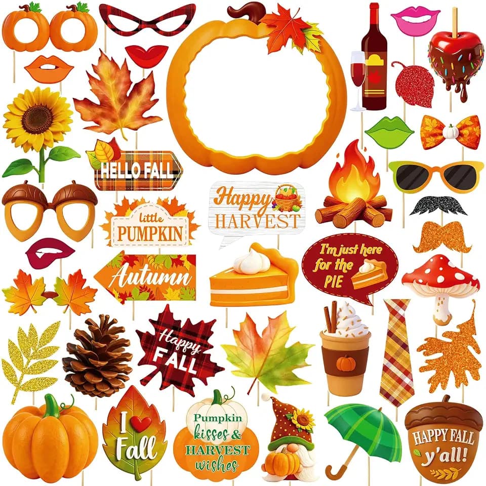 Fall Photo Booth Props, 40 Pcs, Includes 1 Photo Frame, Pumpkin Photography Holder, Autumn Festival Thanksgiving Decorations for Photoshoot