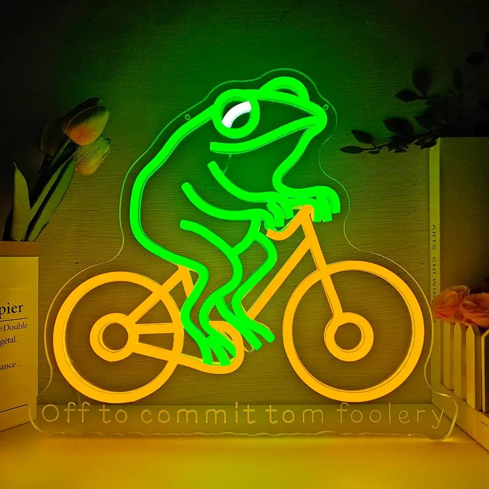 Off To Commit Tomfoolery Frog Neon Sign Dimmable Funny Frog Led Signs for Bedroom Wall Frogs Riding Bike Light Up Sign Whimsical Aesthetic Led Wall Decor