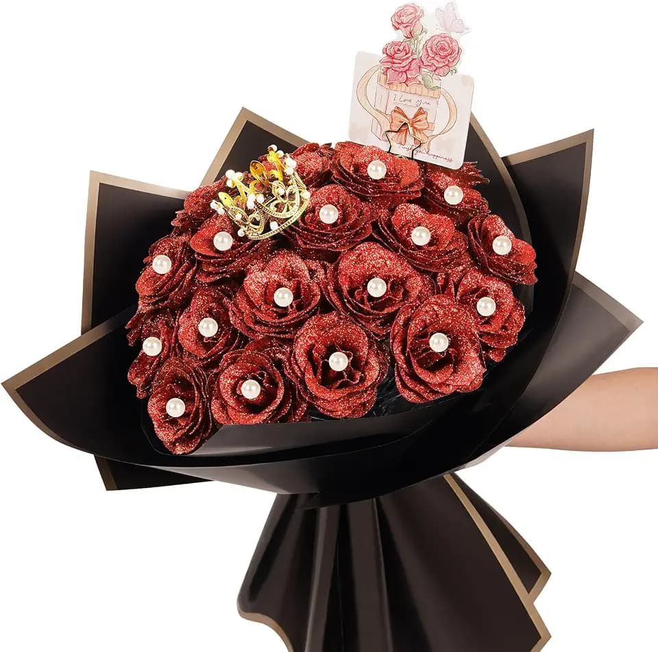 25 Pcs Red Glitter Roses Bouquet,DIY Artificial Bouquet of Shiny Red Faux Rose Flowers Bouquet,for Wedding Bouquet Centerpiece Floral Arrangement Bride Shower Party Home Decor,Valentine's Day