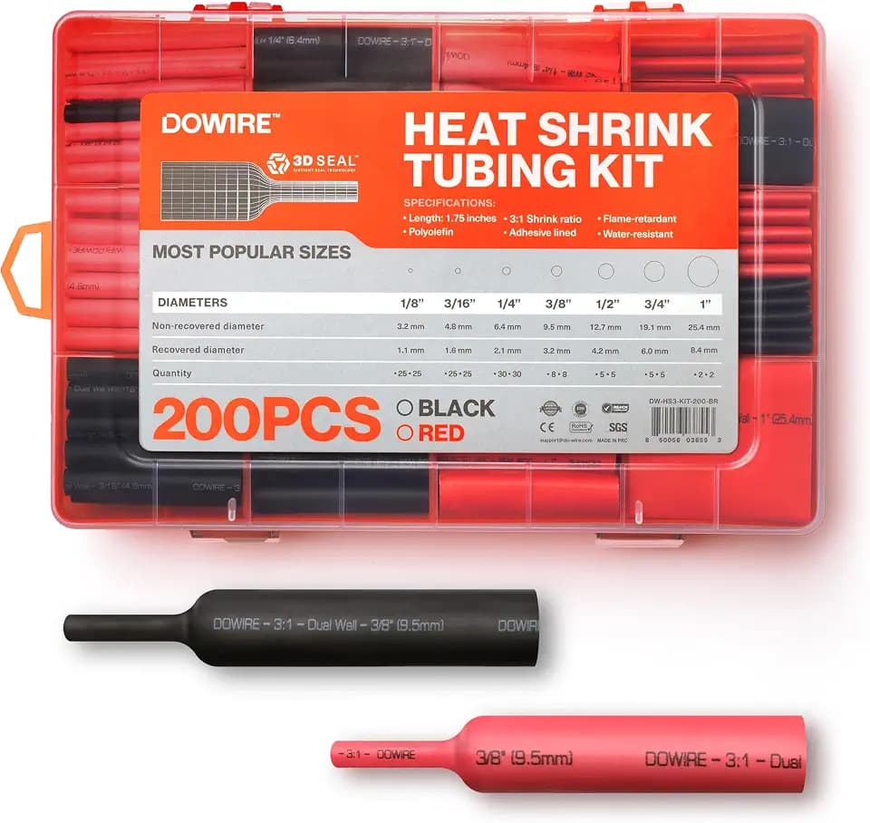 Dowire Heat Shrink Tubing Kit - 3:1 Ratio - Adhesive Lined - Wire Shrink Wrap Tubing - Waterproof Marine Grade Shrink Tube - 200 PCS - Black, Red
