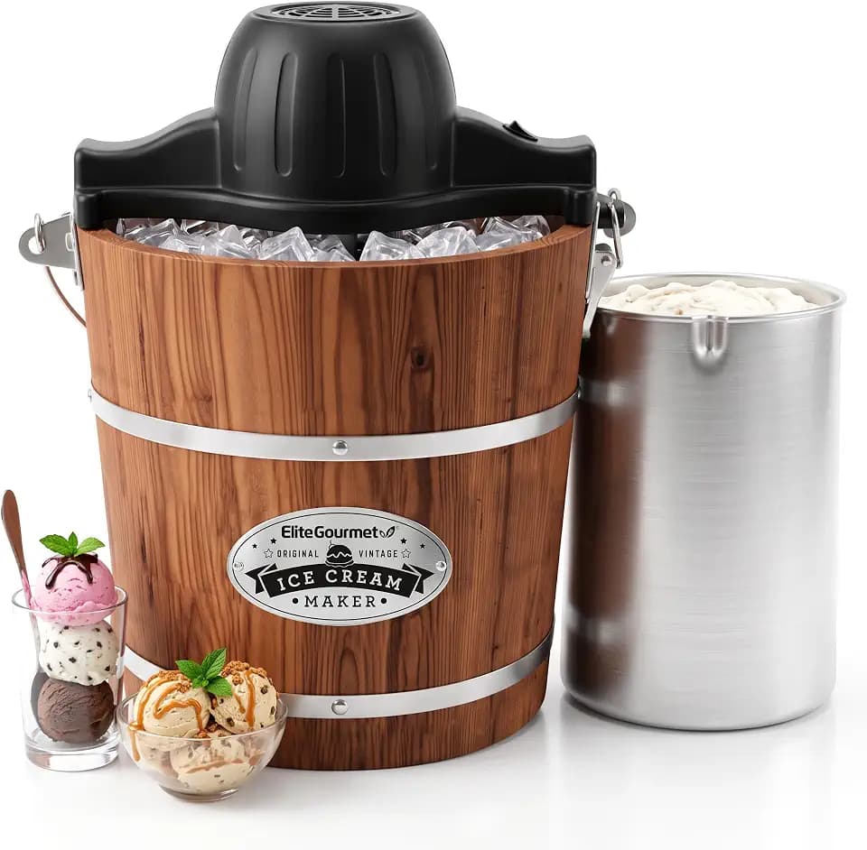 Elite Gourmet EIM418 4Qt Old Fashioned Walnut Wood Bucket Ice Cream Maker