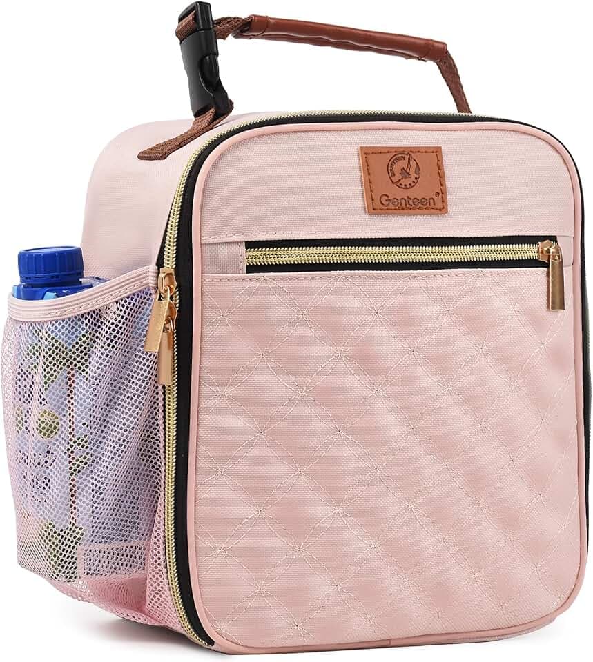 Genteen Kids Lunch Box Insulated Soft Mini Cooler with Bottle Holder, Lightweight Reusable Easy-Clean Lunch bag for Girls, Boys Back to School-Light Pink