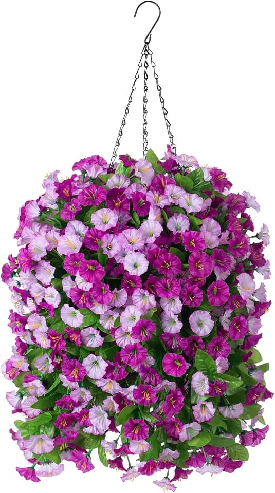 Artificial Flowers with Hanging Basket, Outdoor Faux Plants UV Resistant