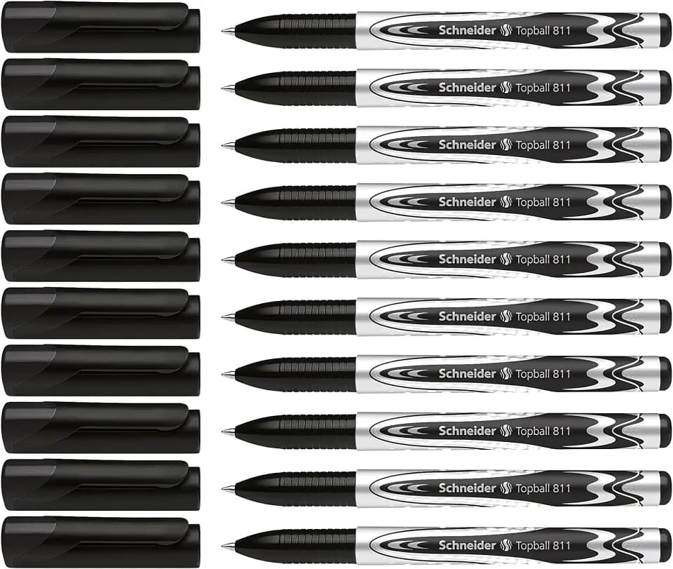 Schneider Topball 811 Rollerball Pen, 0.5 mm Conical Tip, Refillable, Black Ink, Box of 10 Pens (8111)